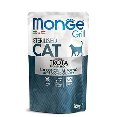 Clarins Monge Grill Sterilised Ricco in Trota Cibo Umido Per Gatti Sterilizzati 85g